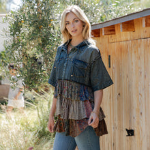 Vintage Front-Open Hooded Denim Shirt with Playful Mixed Ruffles