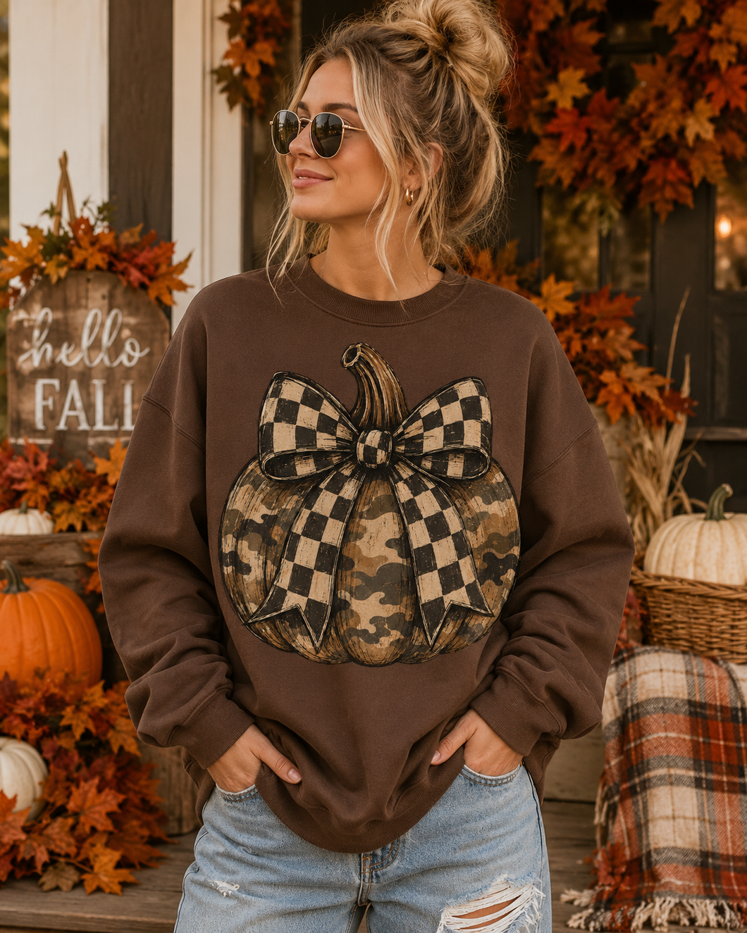 Chocolate Brown Duck Camo Checkered Pumpkin- Unisex Graphic Sweatshirt