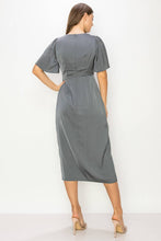 Silver Elegant Wrap Midi Dress with Flutter Sleeves