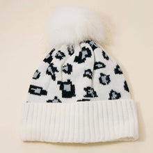 White Leopard Print Pom Beanie