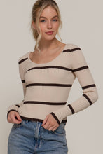 Beige Brown Long Sleeve Double Scoop Neck Stripe Sweater Top