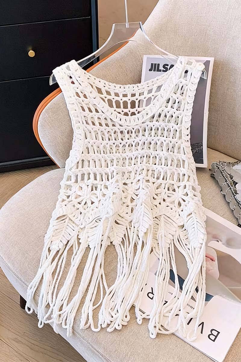White Boho Fringe Crochet Tank Top
