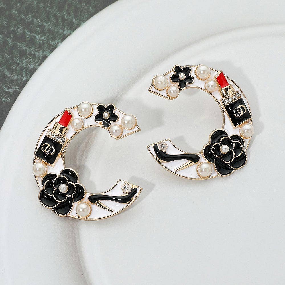 Black Gold Pearl Lipstick Flower Embellished Letter C Statement Earrings