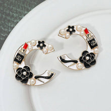 White Pearl Lipstick Flower Embellished Letter C Statement Earrings