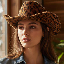 Brown Fuzzy Faux Fur Leopard Pattern Cowboy Fedora Hat