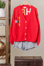 Red Christmas Lettering Patchwork V Neck Cardigan
