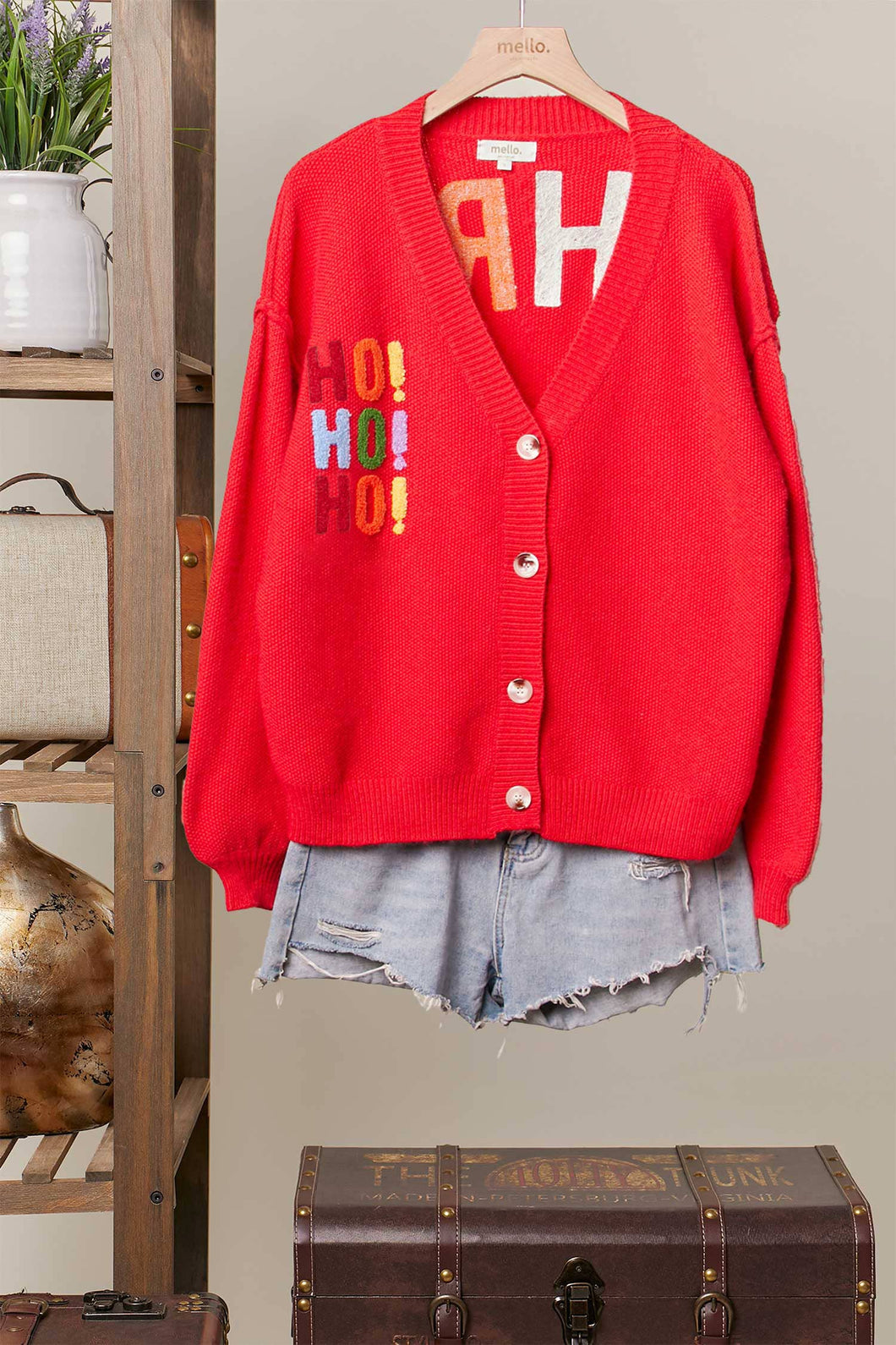 Red Christmas Lettering Patchwork V Neck Cardigan