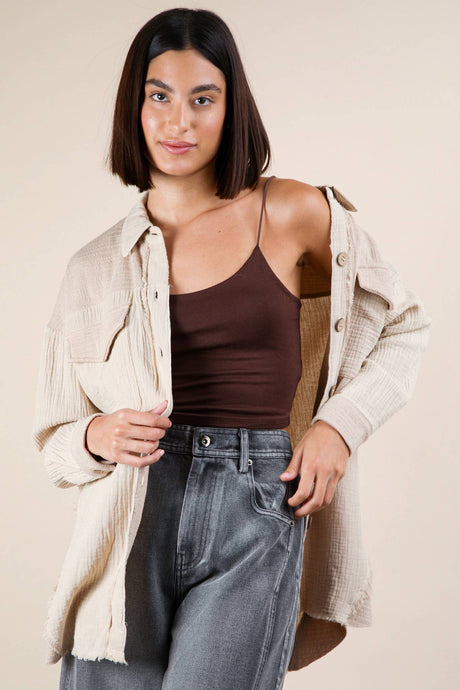 Taupe Mineral Washed Oversized Gauze Shacket Jacket