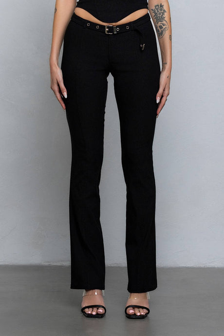 Black Buckle strap detail stretchy woven pants