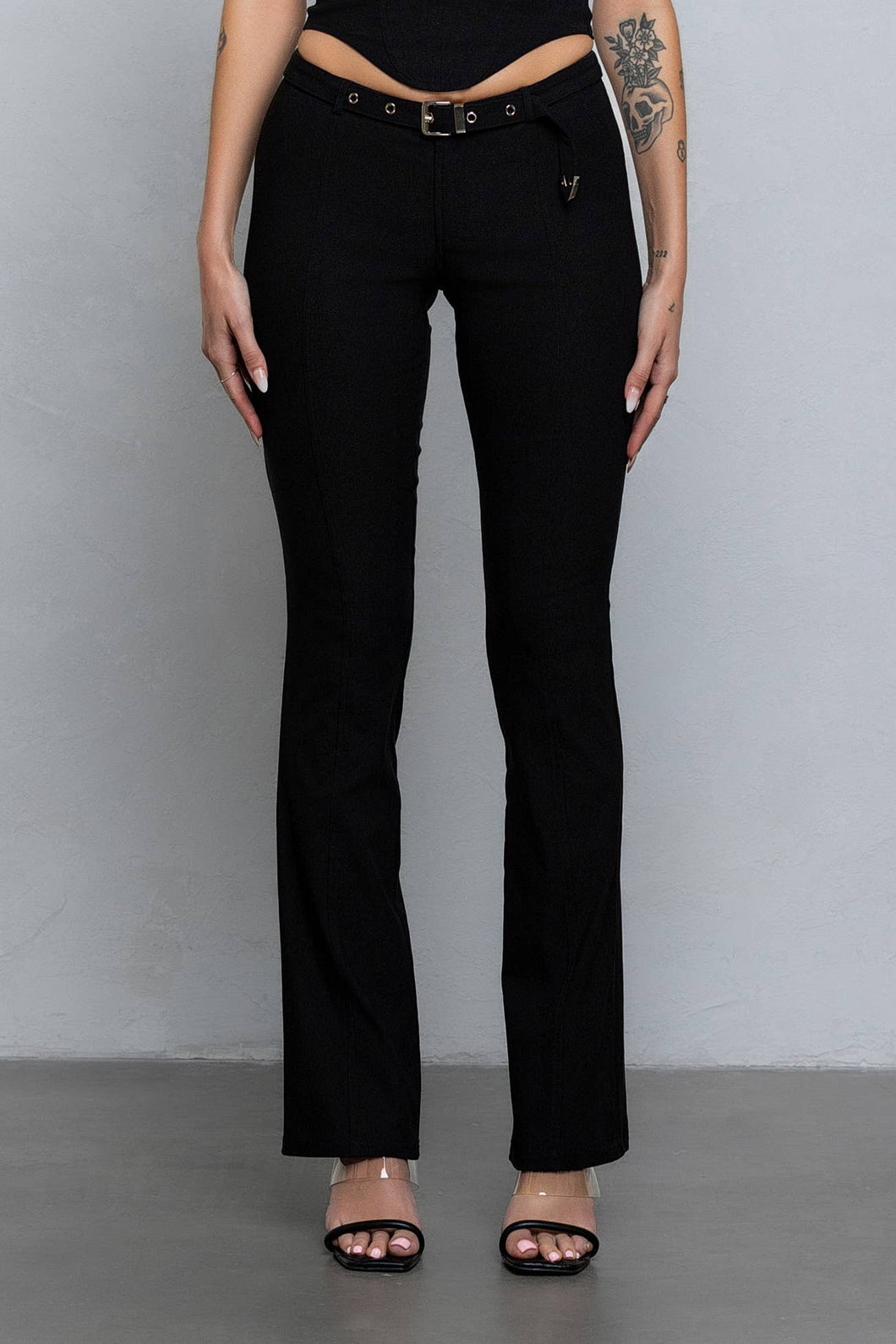 Black Buckle strap detail stretchy woven pants