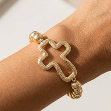 Silver Hammered Open Cross Ball Bead Stretch Bracelet