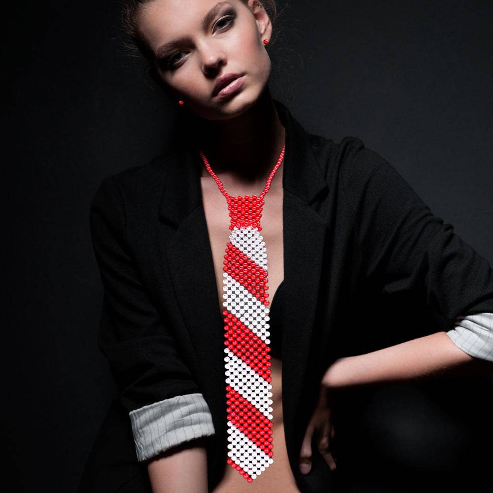 Red White Pearl Neck Tie Necklace