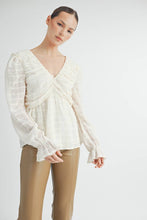 Ivory Sheer Textured V-Neck Blouse with Back Ribbon