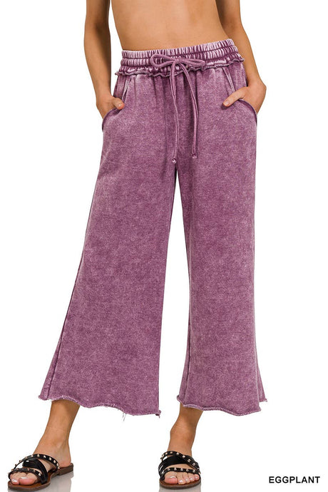 Crop Eggplant Acid Wash Fleece Palazzo Sweatpants With Pockets