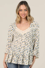 Ivory V Neck Smocked Bust Lace Trim Wide Bell Sleeve Blouse