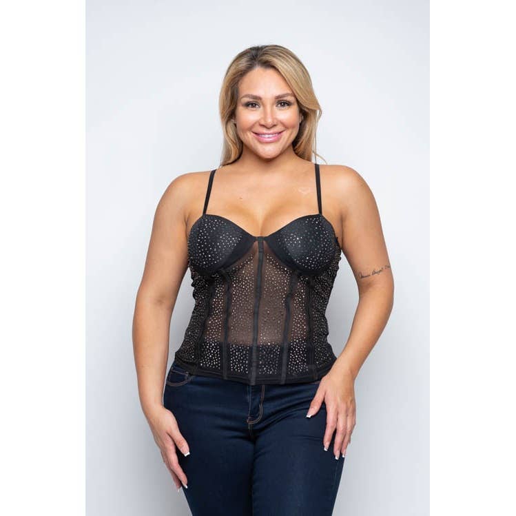 Black Plus Size Mesh Rhinestone Corset Top
