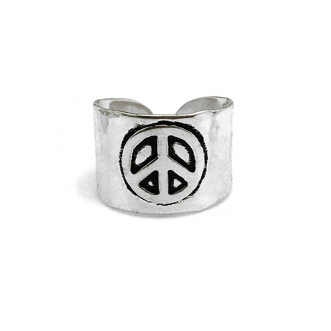 Silver Plated Adjustable Cuff Ring - Peace Sign