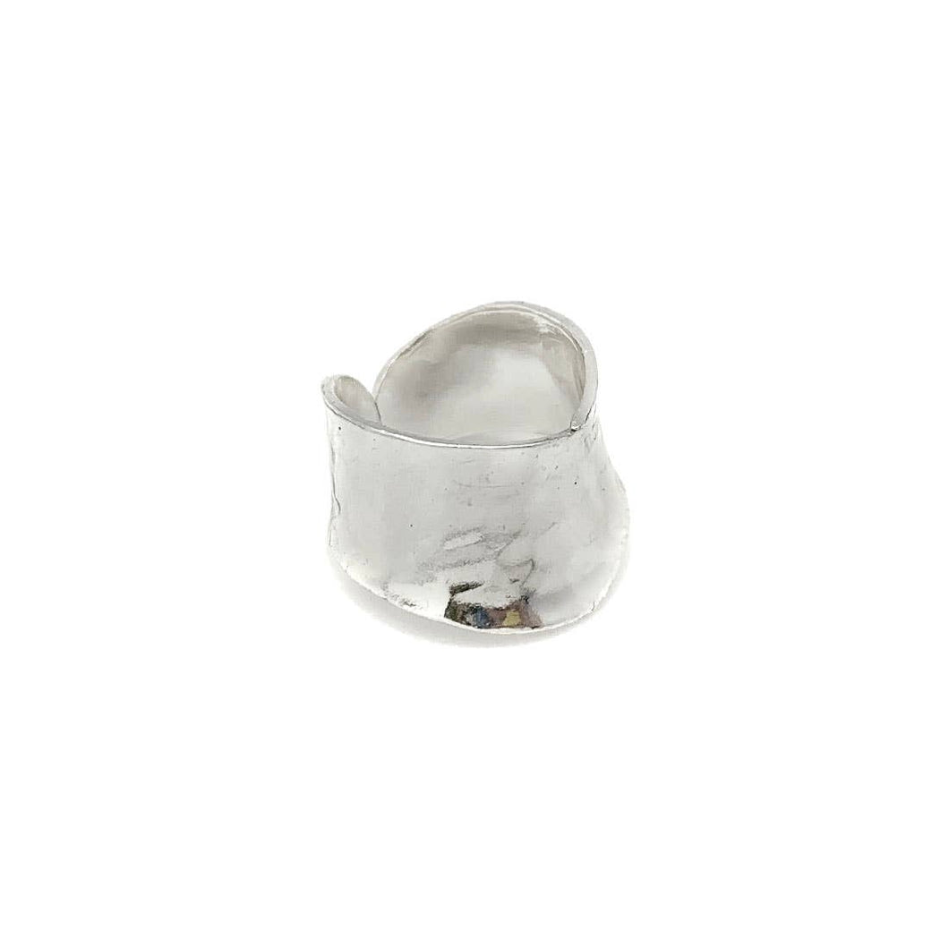 Silver Plated Adjustable Ring - Wide Hammered Arc