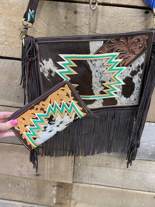 Bag & Wallet Set - Aztec Tooled Leather Cowhide Purse