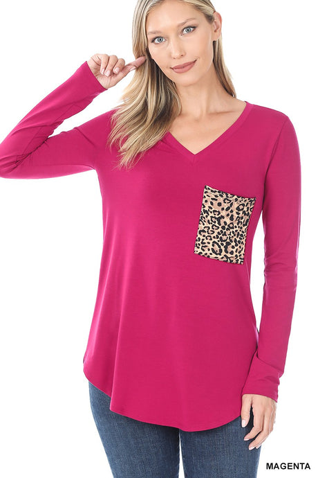 Magenta Plus Long Sleeve V Neck Leopard Pocket Zenana Top 12/29/22 3013