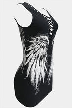 Black Angel Wing Rhinestone Deep V Laced Eyelet Bus Stop Tank Top 4/11/23 5977