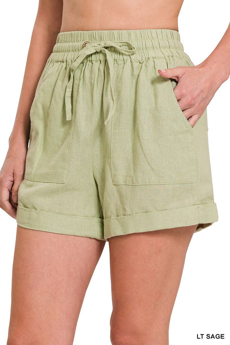 Light Sage Plus Linen Drawstring Zenana Shorts 2/6/23 2255