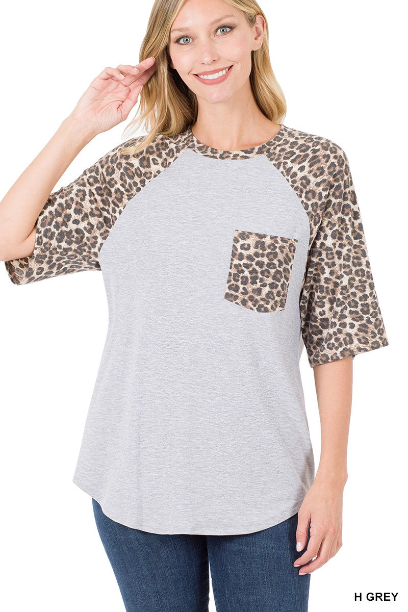 Heather Grey Leopard Raglan Sleeve Patch Pocket Zenana Top 1/19/23 5403
