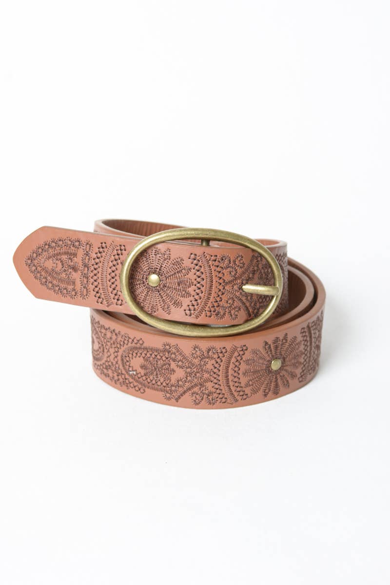 Camel Floral Stitch Oval Buckle Belt