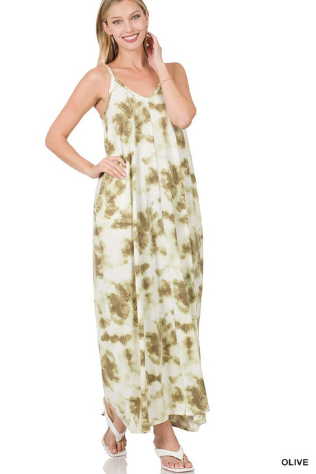 Olive French Terry Tie Dye V Neck Cami Maxi Zenana Dress 11/22/22 2821