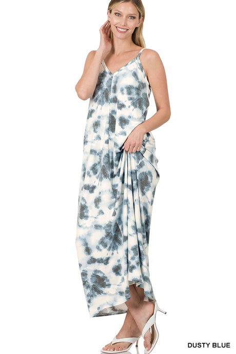 Dusty Blue French Terry Tie Dye V Neck Cami Maxi Zenana Dress 11/22/22 2818