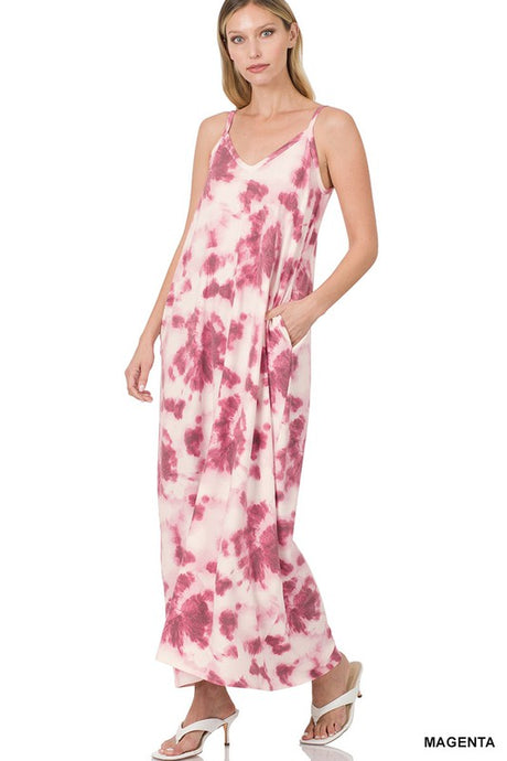 Magenta French Terry Tie Dye V Neck Cami Maxi Zenana Dress 11/22/22 2820