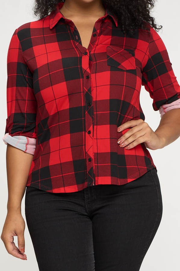Red Black Plus Plaid Button Down Collared Apple Tree Blouse 9/6/22 3970