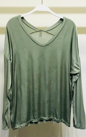 Army Green Drop Shoulder Long Sleeve V Neck Silky Viscose Contrast Back Venti 6 Top 3/17/23 5819