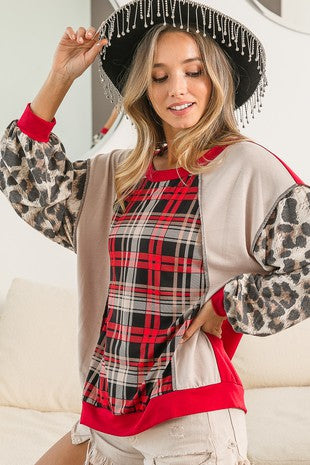 Red French Terry Knit Colorblock Plaid Leopard Sleeve Bibi Top 11/22/22 4666