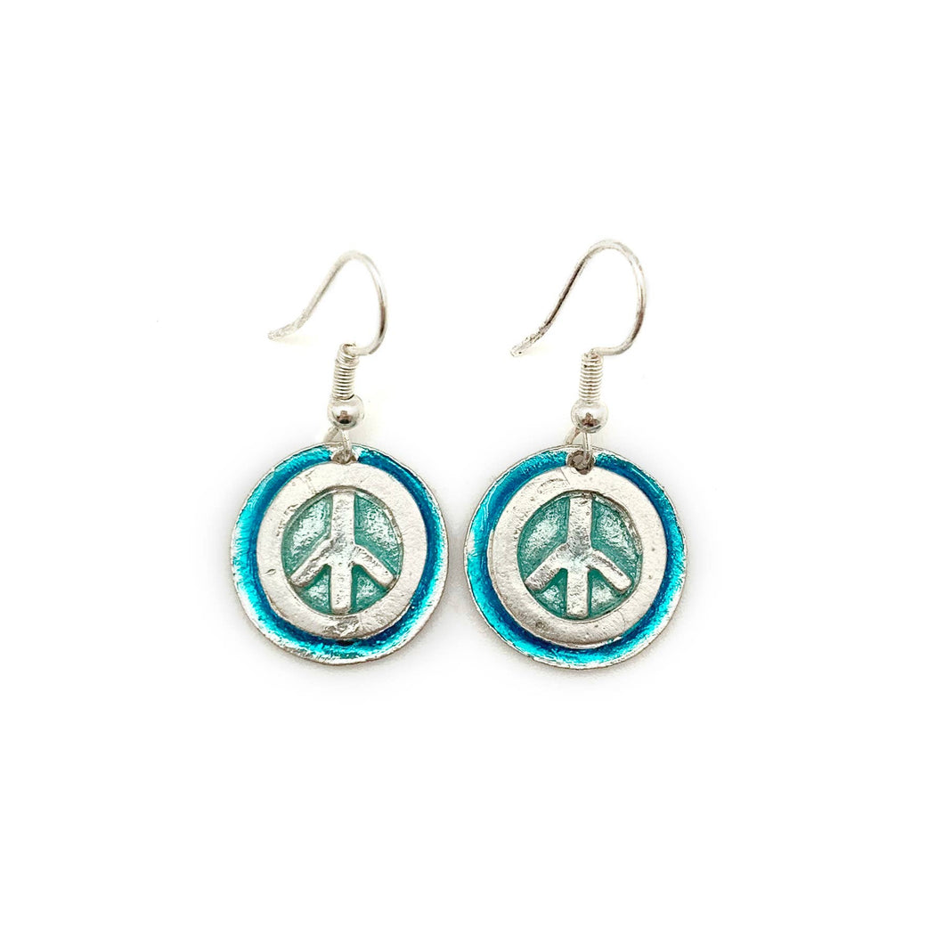 Pewter Earrings with Color Enamel - Teal/Aqua Peace Sign