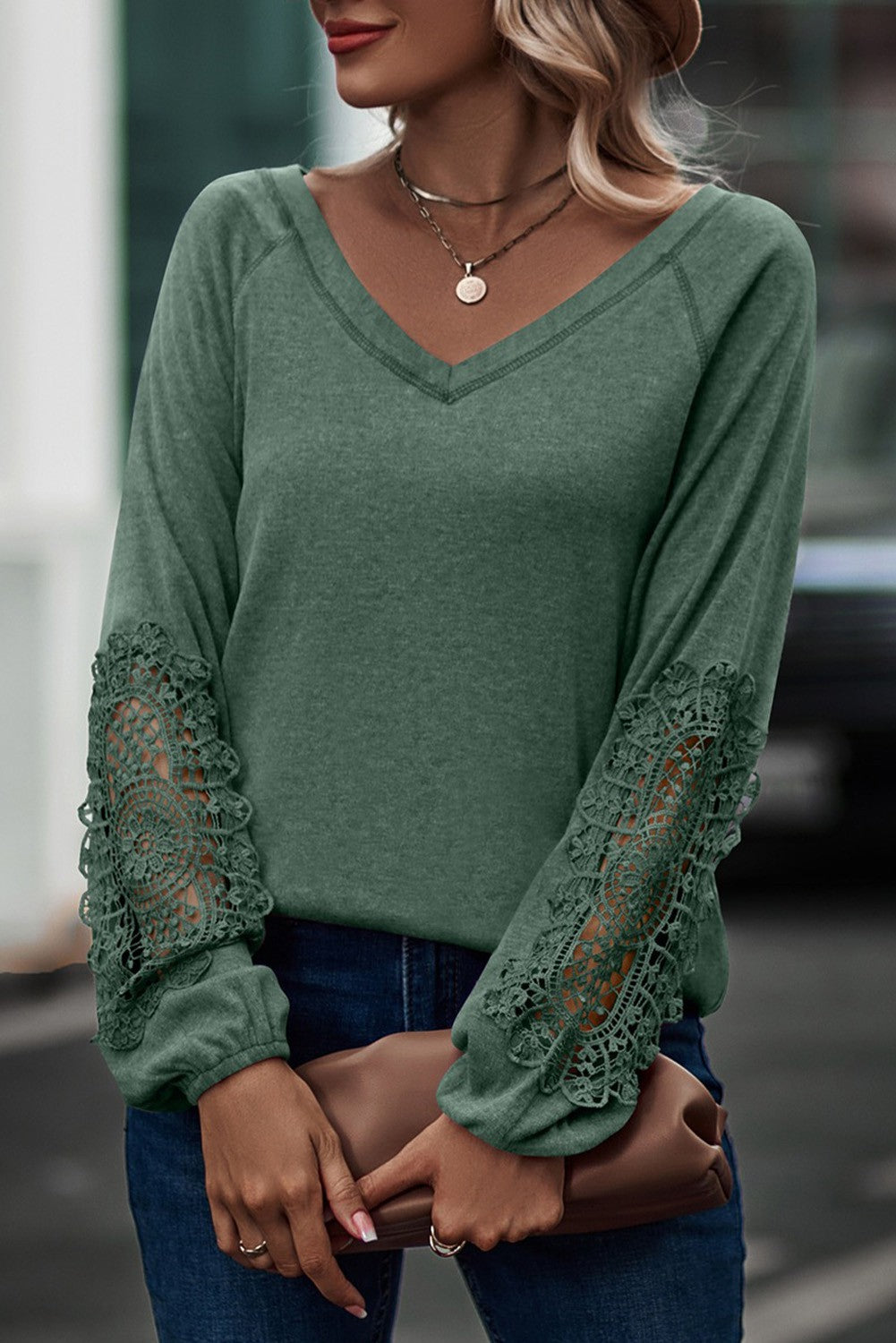 Green Crochet Lace Raglan Sleeve V Neck S T Shirt 11/22/22 4551
