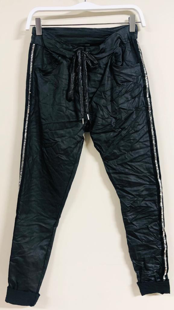 Black Faux Leather Flat Side Stud Stripe Venti6 Crinkle Joggers 12/12/22 4968