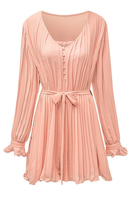 Pink Pleated Ruffled Tie Waist Buttons V Neck S Romper 2/14/23 5614