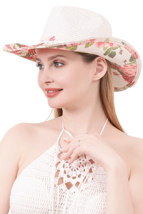 White Rose Floral Paper Straw Cowboy Hat 4/12/23 5983