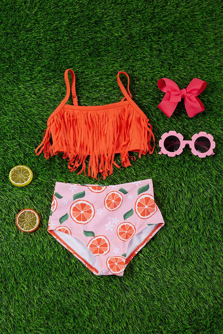 Fringe Top & Grapefruit Printed Bottoms/ Swim Set.