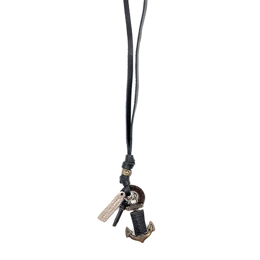 Aadi Black Leather Anchor and Charms Men's Necklace