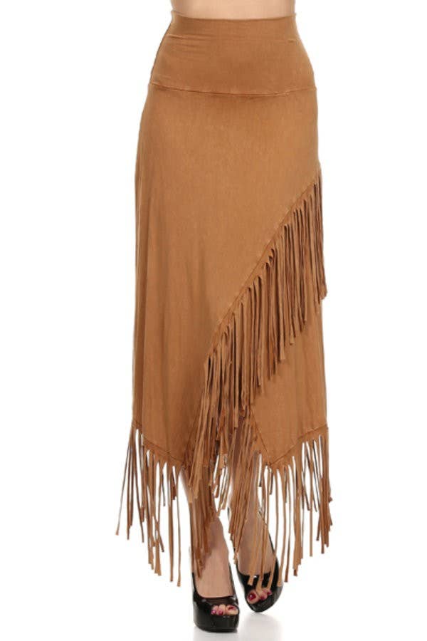 Camel Mineral Wash High Low Diagonal Fringe Foldover Waist Skirt