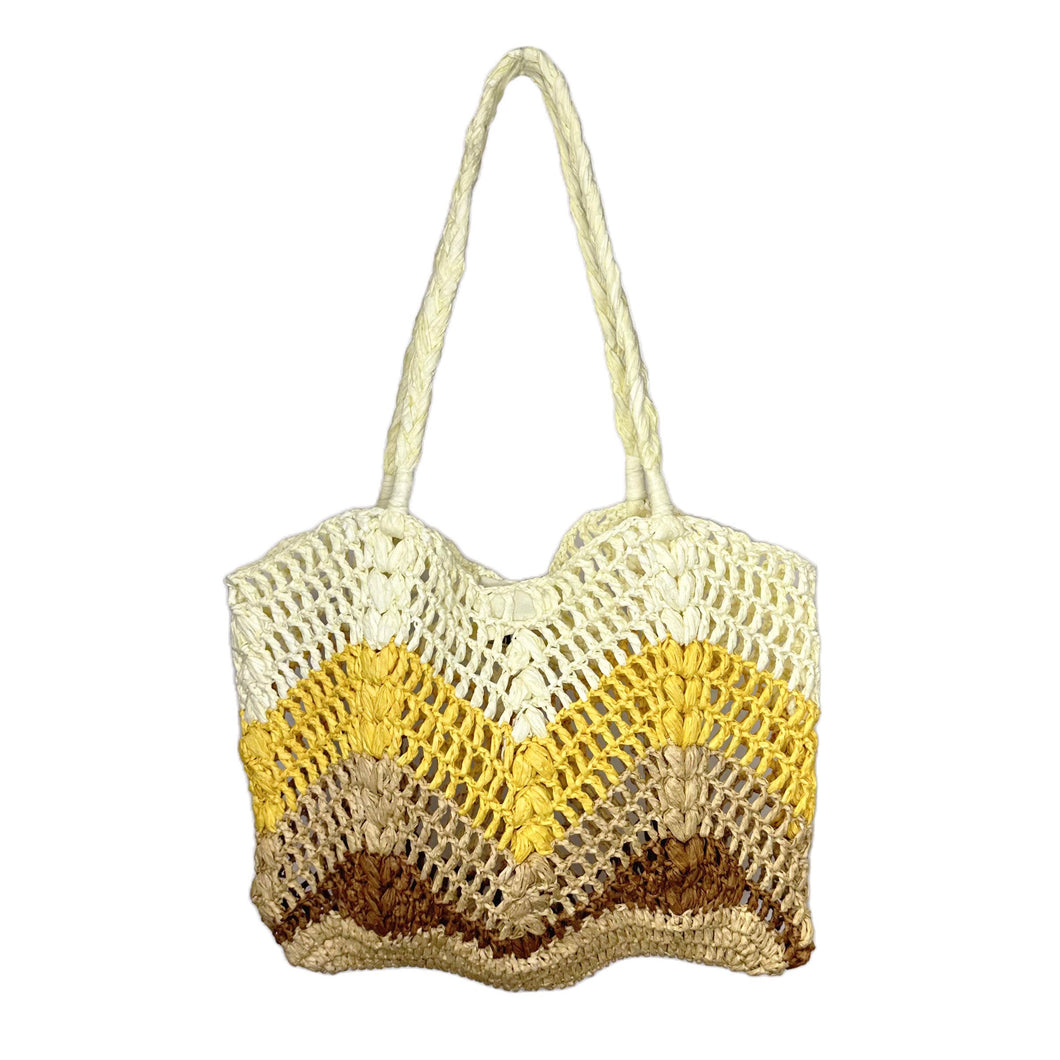 Feather and Fan Knit Handmade Raffia Yellow and Brown Bag