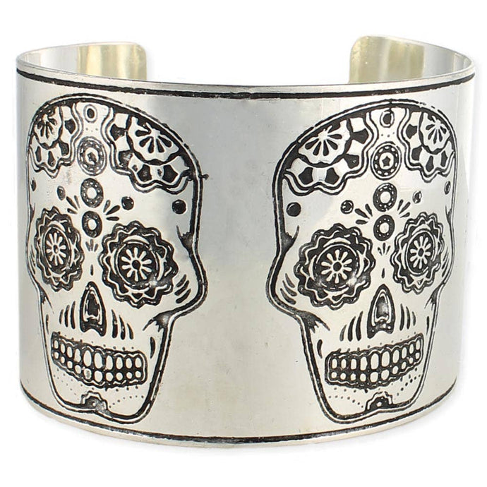Wide Silver Etched Calavera Skull Cuff Bracelet
