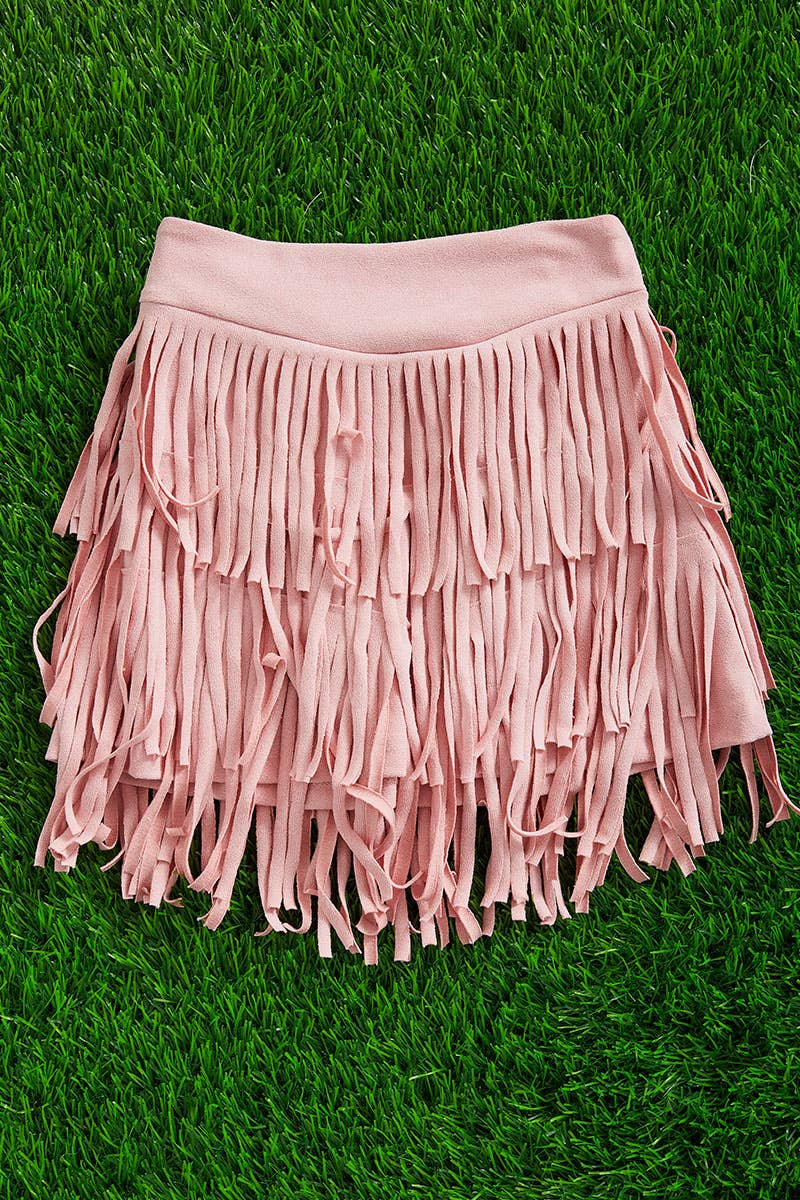 Pink / 3 Layer Fringe Faux Suede Skirt