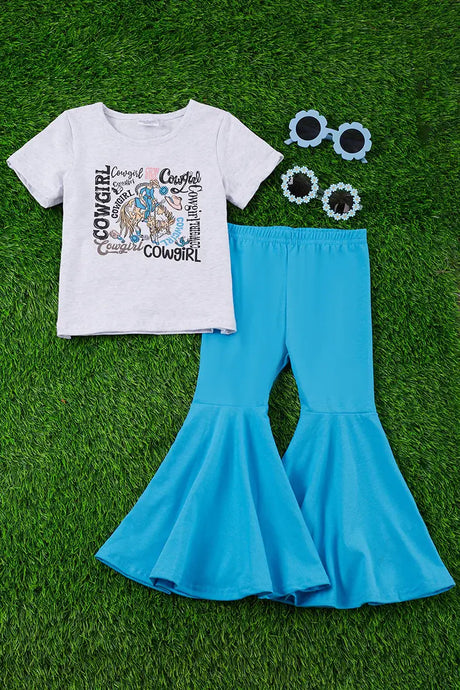 Cowgirl Gray Tee & Turquoise Bell Bottoms.
