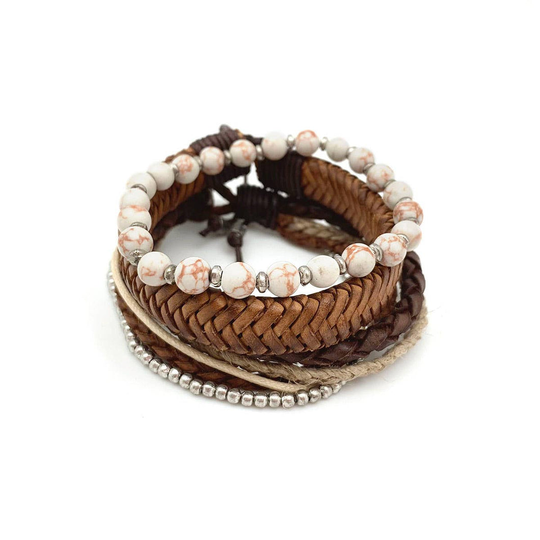 Aadi Bracelet - White Beads, Brown Mixed Leather Set