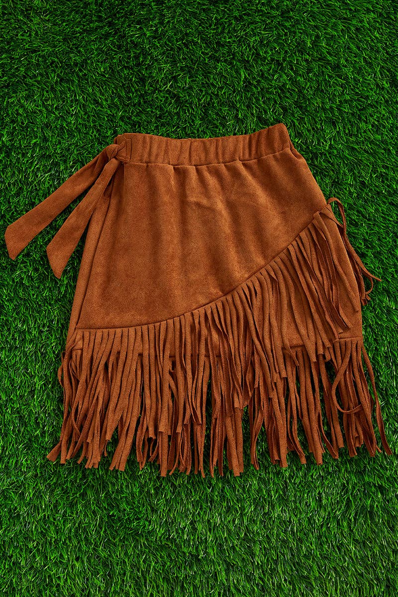 Kids Brown High-low Fringe Faux Suede Skirt With Side Knot