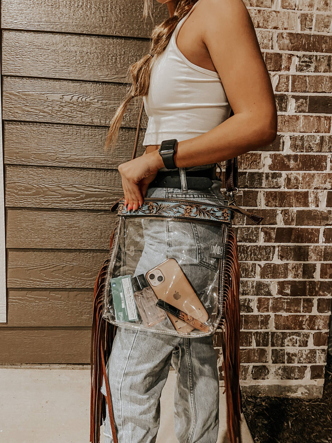 Fringe Western Tooled Leather Clear Stadium Myra Bag