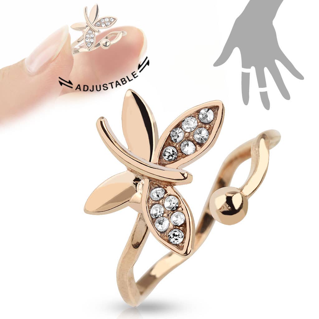 Rose Gold Butterfly Multi Paved Gems Adjustable Mid Ring